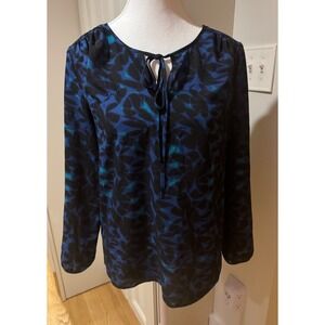 J.Crew XXS Blue Black Leaf Print Tie‎ Neck Long Sleeve Blouse Top EUC